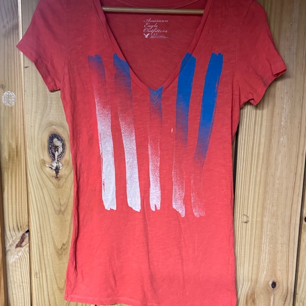 American Eagle Outfitters Red Tee with Blue and White Accents